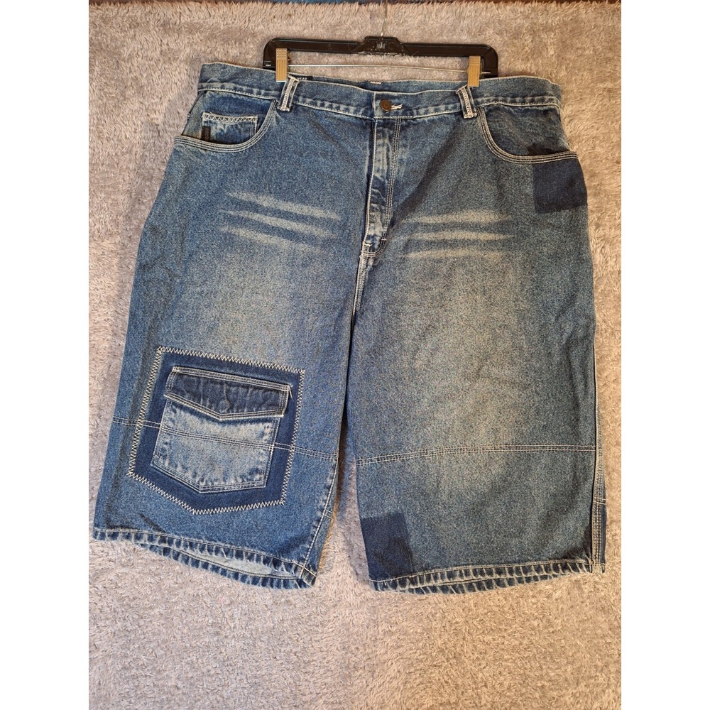 Rocawear Mens Baggy Denim Shorts Size 42 Blue Patchwork Y2K Hip Hop Streetwear